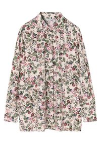 Chemise à boutons florale en tissu beige clair, ornée de motifs floraux multicolores, à manches longues et avec un design de col classique.