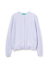 Světle fialový kardigan s dlouhými rukávy, kulatým výstřihem a zapínáním na knoflíky. Vyrobený z měkké, texturované tkaniny, má vroubkované manžety a lem.
