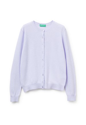 Cardigan violet clair avec manches longues, col rond et fermeture par boutons. Fabriqué en tissu doux et texturé, avec des poignets et un ourlet côtelés.