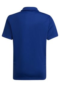 Polo blu realizzato in un tessuto morbido e traspirante. Presenta un colletto classico, maniche corte e un orlo dritto. Vista posteriore mostrata.