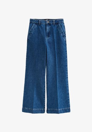 Pantalons en denim à jambes larges de couleur bleu moyen. Dotés d'une taille haute, de poches avant et de détails de couture subtils. Texture lisse, design classique.