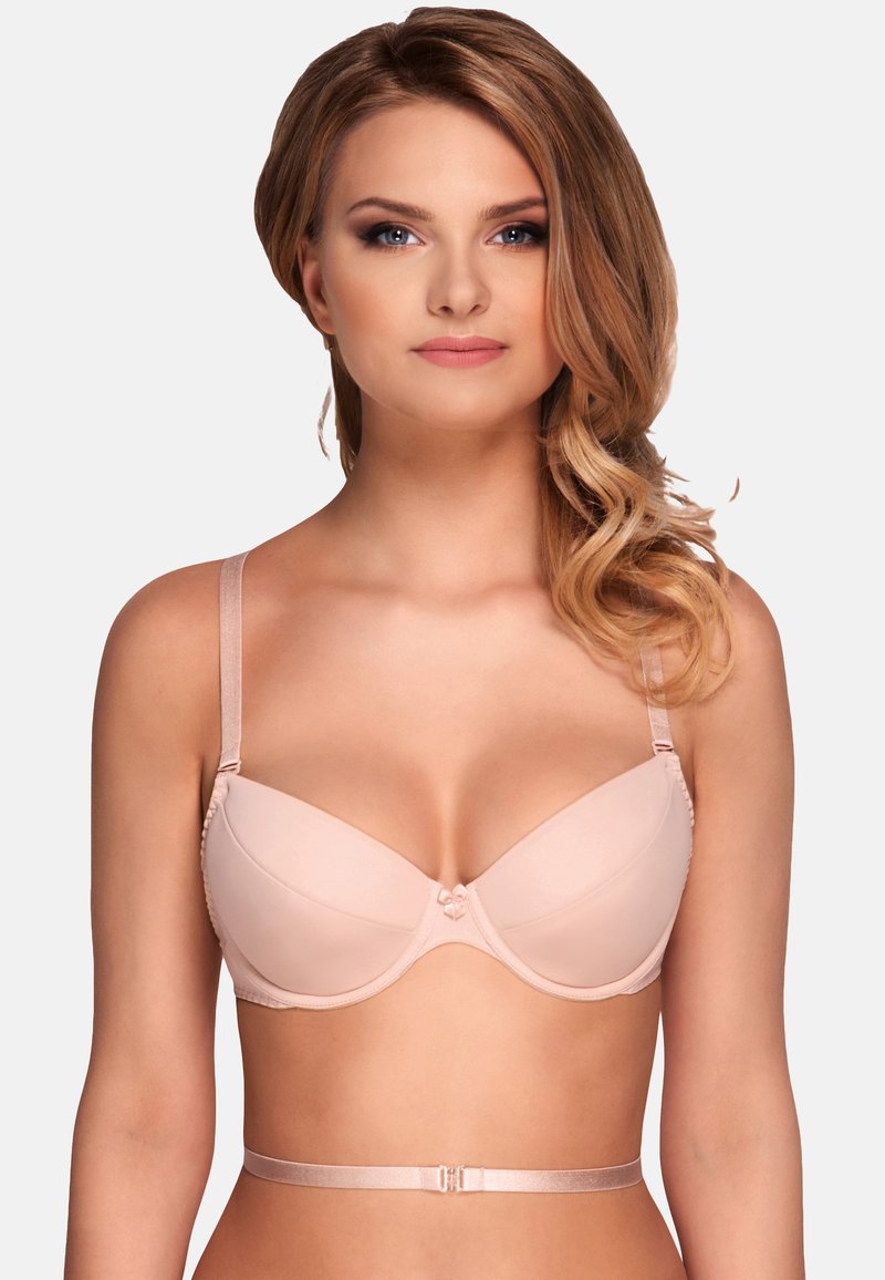 Beige gepolsterter Bügel-BH aus glattem Material, mit verstellbaren Trägern und einem floralen Akzent in der Mitte. Minimalistisches Design, nahtlos für zusätzlichen Komfort.