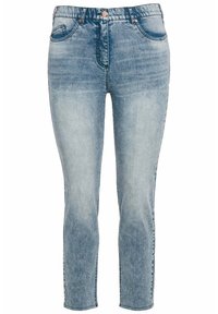 Ljust blå denimjeans, midjehöjd, skinny fit med fem fickor, lätt blekning och kontrasterande sömmar längs kanterna. Knäppning i midjan.