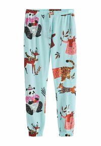 Svetlomodré pyžamové nohavice s farebnou potlačou zvierat, vrátane pandy, jelena a tigra. Vyrobené z mäkkej látky s elastickými manžetami.