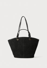 Black suede tote bag with two long, shiny black handles and gold-tone hardware. Features a wide, open top and structured shape.