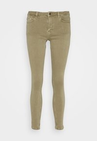 Olive zelené skinny džíny vyrobené z denimu s pěti kapsami, poutky na pásek a zapínáním na předním knoflíku. Hladká textura a úzký střih.