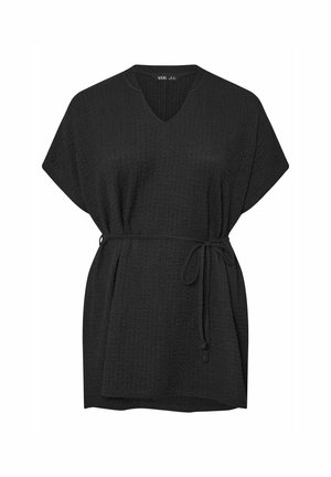 Black tunic top with a V-neck and short sleeves, featuring a textured fabric, a loose fit, and a tie belt at the waist.
