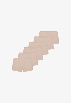 Pantaloni boxer in cotone beige, con una superficie liscia e una cintura elastica, presentati in un set di sei paia identici.