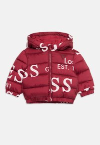 Red puffer jacket with a zip closure, hood, and elastic cuffs. Features large white text and a logo detail. Quilted texture for insulation.