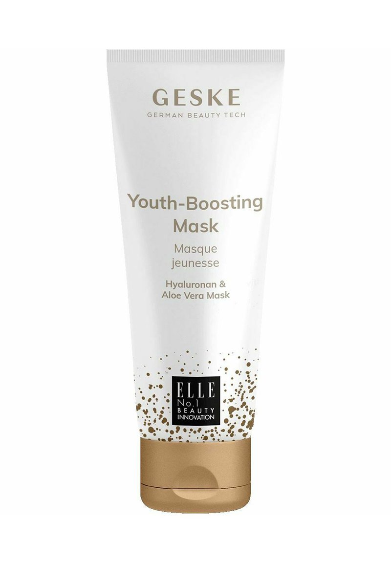 Hvid tube med guld accenter, mærket "Youth-Boosting Mask." Indeholder hyaluronsyre og aloe vera, med et plettet mønster.