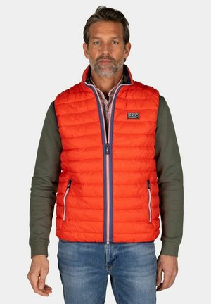 Man wearing bright orange quilted vest over green long-sleeve shirt and blue jeans, standing against plain light background.