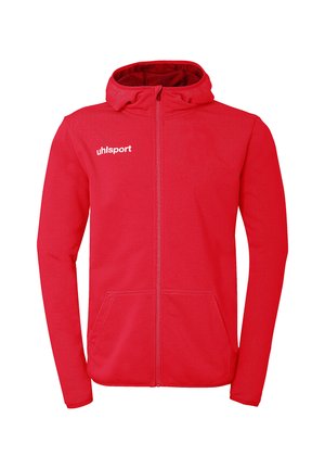 Rote Sportjacke mit durchgehendem Reißverschluss, Kapuze, langen Ärmeln, Vordertaschen und weißem „uhlsport“-Logo auf der linken Brust.