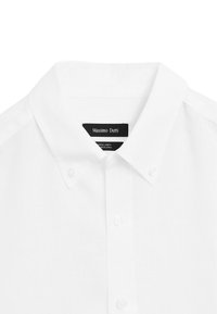 White linen shirt featuring a button-down collar, visible placket, and a label with the brand name "Massimo Dutti." Soft texture.