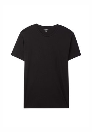 T-shirt nera in cotone. Caratterizzata da un collo a giro, maniche corte e una vestibilità rilassata. L'etichetta mostra la taglia XL. Senza motivi o dettagli.