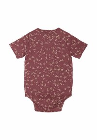 Body à manches courtes couleur bordeaux avec un motif floral en crème clair. Tissu doux et bas élastiqué pour un habillage facile.