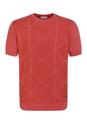 Maglione corto a maniche corte di colore rosso, realizzato a maglia, con un motivo geometrico testurizzato di linee diagonali e quadrati; scollatura rotonda e polsini a costine.