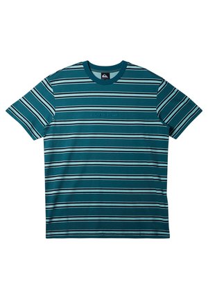 Tyrkisstribet t-shirt lavet af bomuld med korte ærmer, der har vandrette striber i varierende bredder og en rund halsudskæring.