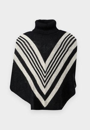 Schwarz- und cremefarbener Poncho mit Rollkragen, der ein V-förmiges Muster und horizontale Streifen aufweist. Weiche Textur und fließendes Design.