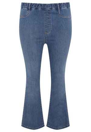 Denim flare jeans met een elastische tailleband, in middelblauw, met een vijf-pocketontwerp en zichtbare stiksels langs de naden.