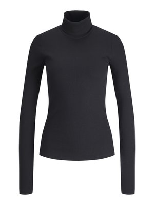 Top a collo collo alto a coste nere con maniche lunghe. Fit slim, texture morbida e collo alto. Nessun motivo o hardware visibile. Design semplice.