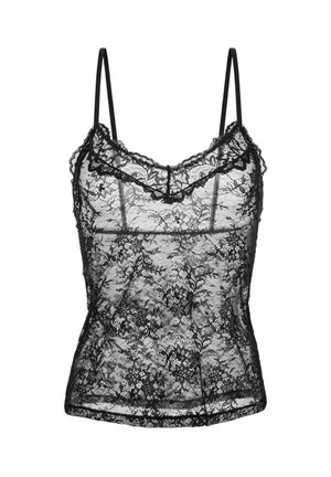 Camisole en dentelle noire avec des bretelles spaghetti réglables, présentant un décolleté festonné et des motifs floraux sur l'ensemble du tissu.