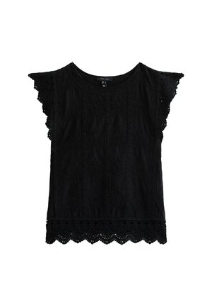 Svart topp med korta, scallopade ärmar. Har texturerad broderi och en dekorativ spetskant. Mjuk tyg med avslappnad passform.