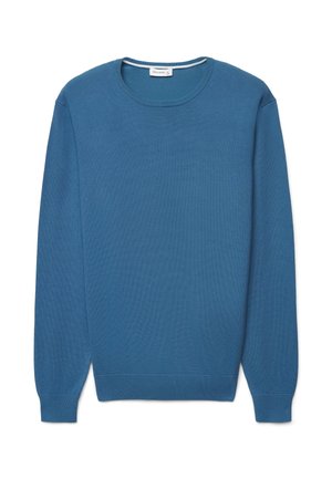 Blauer, gestrickter Pullover mit rundem Ausschnitt, langen Ärmeln und gerippten Bündchen. Der Stoff hat eine glatte Textur und ein gleichmäßiges Oberflächenmuster.