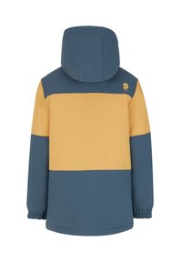 Kapuzenshirt mit einem Farbblockdesign in Blau und Gelb, mit elastischen Bündchen, aus einem glatten, wasserabweisenden Material gefertigt.