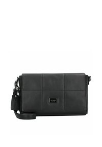 Schwarze Leder-Crossbody-Tasche mit rechteckiger Form, gestepptem Design, silbernem Zubehör und verstellbarem Tragegurt. Mit Logo-Akzent.
