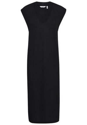 Black knitted dress with a V-neckline, short sleeves, and a straight silhouette, extending to the mid-calf. Smooth texture.