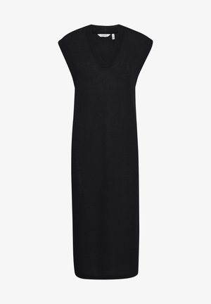 Crna pletena haljina s V-izrezom, kratkim rukavima i ravnim krojem, koji seže do sredine lista. Glatka tekstura.