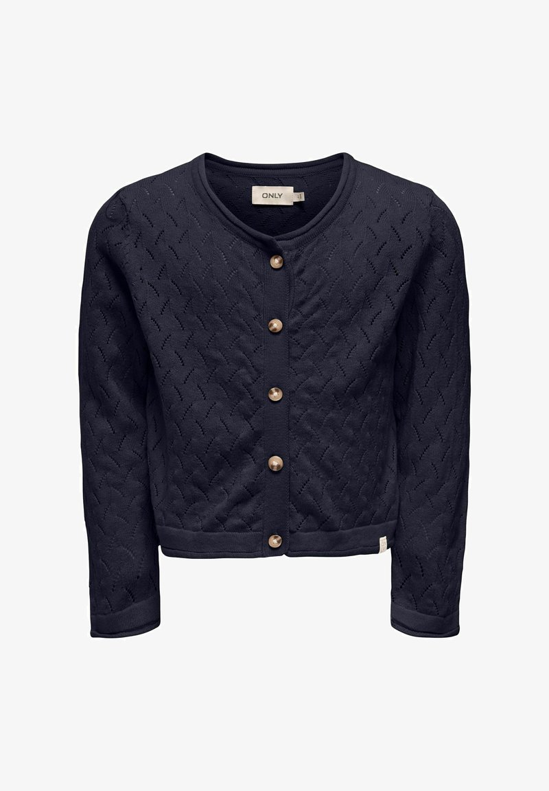 Cardigan lavorato a maglia blu navy con un motivo a trama, scollo rotondo e bottoni dorati sul davanti; maniche lunghe e polsini a coste.