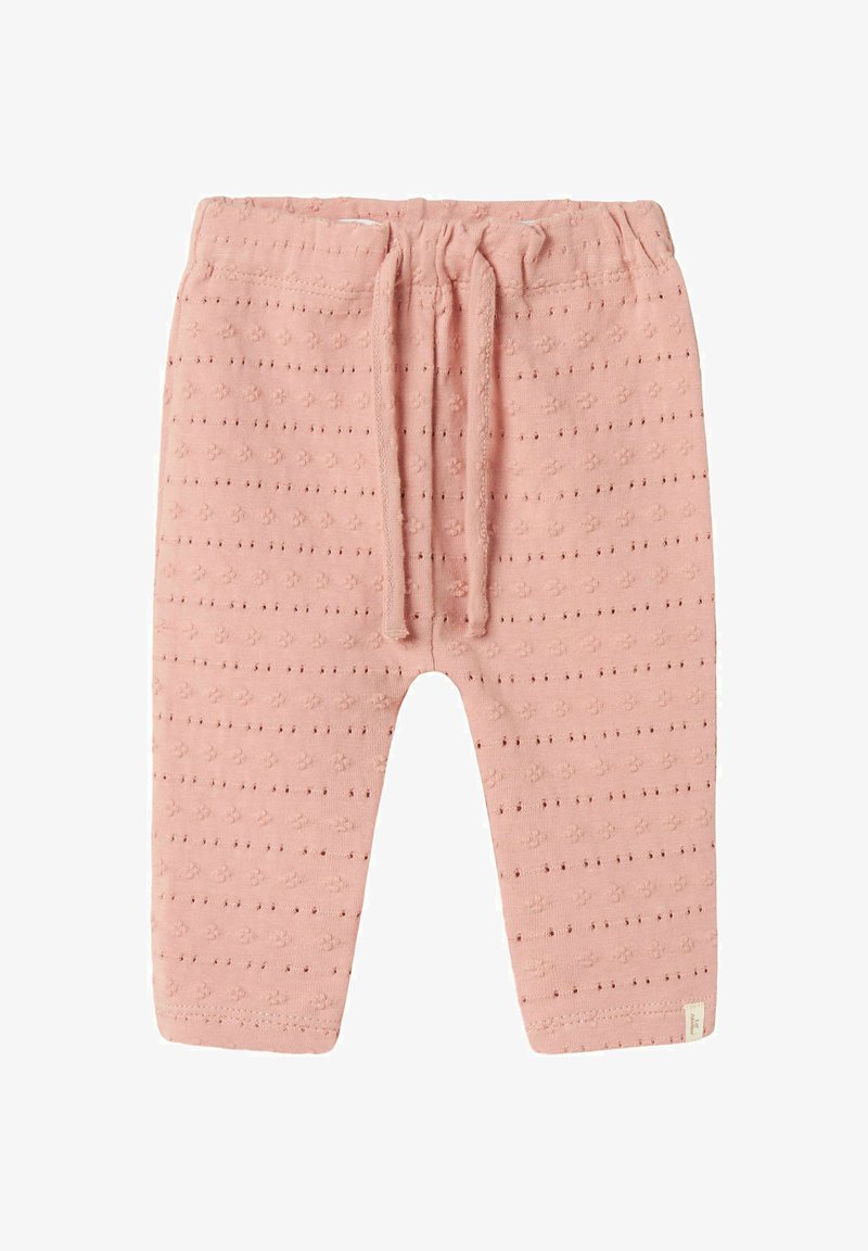 Gaiši rozā bērnu bikses, izgatavotas no strukturētas auduma ar punktiņu rakstu. Iespējas ietver elastīgu jostu ar auklu un ribbed piegriezumu.