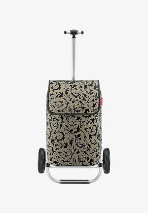 Two-wheeled shopping trolley with black and beige floral pattern, silver frame, and extendable handle.