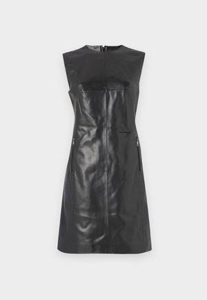 Black leather sleeveless dress with a high neckline, front zip pocket, and two side zip pockets. Smooth texture and fitted shape.