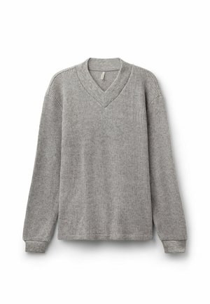 Maglione grigio a coste con scollatura a V e maniche lunghe. Tessuto morbido con vestibilità comoda e polsini elasticizzati.