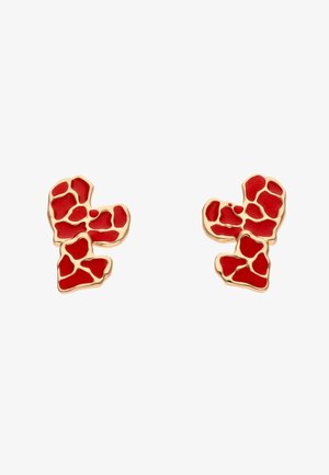 Orecchini a perno in tonalità oro con forme irregolari astratte in smalto rosso che ricordano coralli o motivi a mosaico.