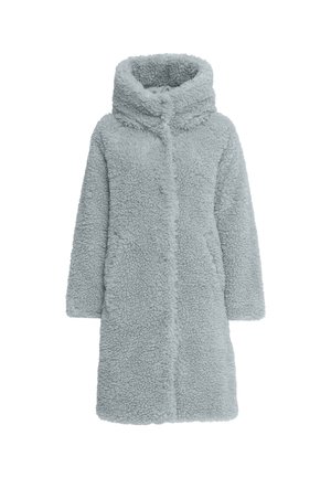 Light blue, long coat made from fuzzy fabric; features a high collar, front button closure, and side pockets. Soft, textured appearance.
