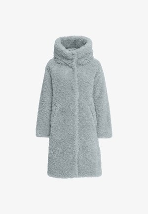 Light blue, long coat made from fuzzy fabric; features a high collar, front button closure, and side pockets. Soft, textured appearance.