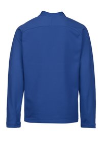 Pullover lungo blu con maniche a lunghe e colletto alto, realizzato in un tessuto morbido e elastico. Presenta cuciture piatte e un design posteriore semplice senza ornamenti.