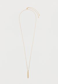 Goldanhänger-Halskette mit einem dünnen rechteckigen Balken. Die Kette ist zart, mit verstellbarer Länge und abgerundeten Enden. Einfaches Design, glatte Textur.