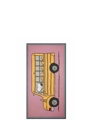 Yellow bus on a pink background with a dog driving and five small birds sitting in the windows.