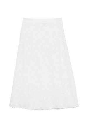 Weißer Midi-Rock in A-Linie mit dezent texturiertem Blumenmuster und tailliertem Bund.