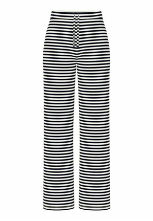 Pantalons larges rayés en bleu marine et blanc, dotés d'une ceinture élastique avec un cordon de serrage. Texture lisse avec un motif de rayures verticales.