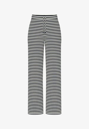 Gestreepte wijde broek in marineblauw en wit, met een elastische tailleband en een trekkoord. Glad textuur met een verticale strepenpatroon.