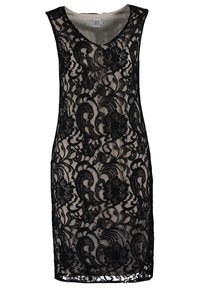 Černé krajkové bezramínkové šaty s výstřihem do V, květinovými vzory a přiléhavým střihem, s podšívkou pro větší pohodlí.