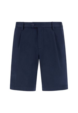 Marineblauwe shorts van gladde stof, met een sluiting aan de voorkant met een knoop, twee plooien en zijzakken. Op maat gemaakte stijl met een rechte snit.