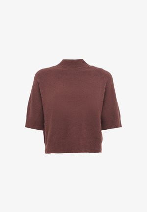 Short-sleeved, brown pullover sweater with a high neck, textured knit, and ribbed hem. Features a relaxed fit and raglan sleeves.