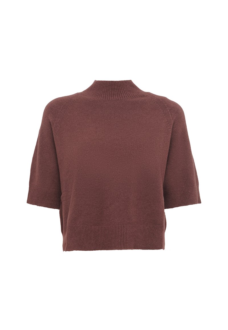 Maglione a maniche corte, marrone, con collo alto, lavorazione a maglia testurizzata e orlo a coste. Presenta una vestibilità rilassata e maniche raglan.