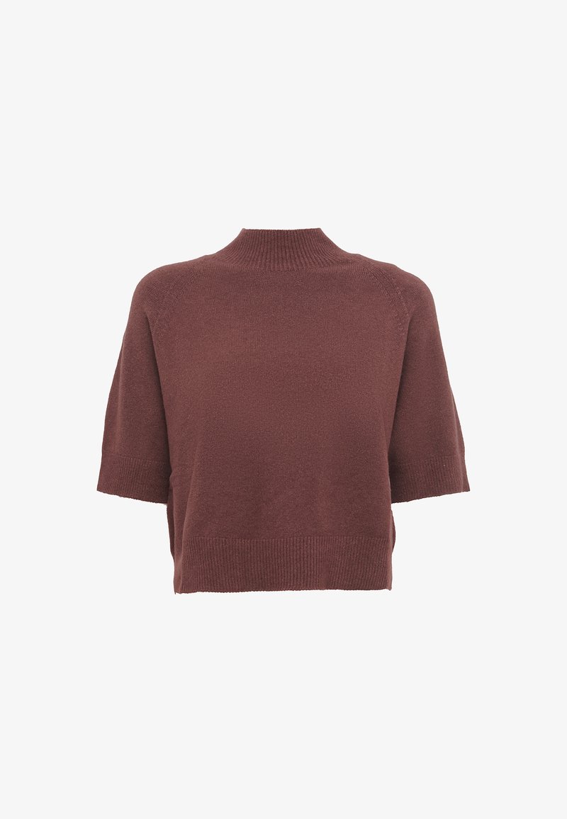 Maglione a maniche corte, marrone, con collo alto, lavorazione a maglia testurizzata e orlo a coste. Presenta una vestibilità rilassata e maniche raglan.